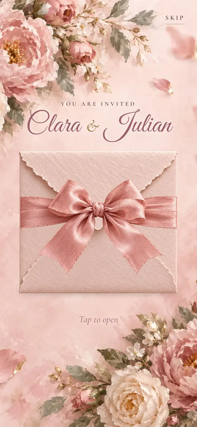 Blush Garden Rose: the sealed envelope your guests see first, with the demo couple's names, Clara & Julian
