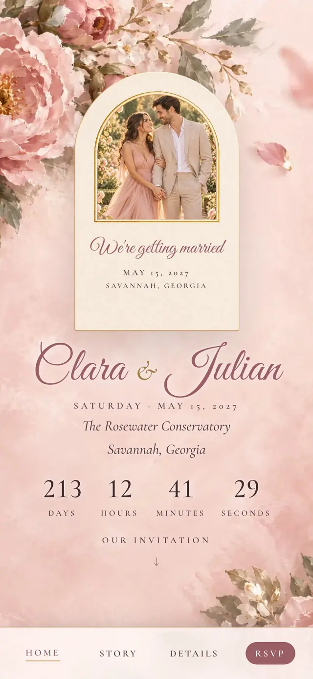 Blush Garden Rose design, Home page (demo couple Clara & Julian)
