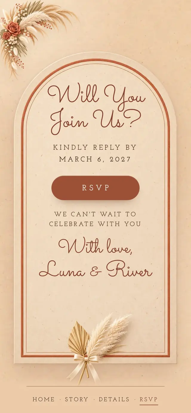 Boho Pampas Terracotta: RSVP page with demo content
