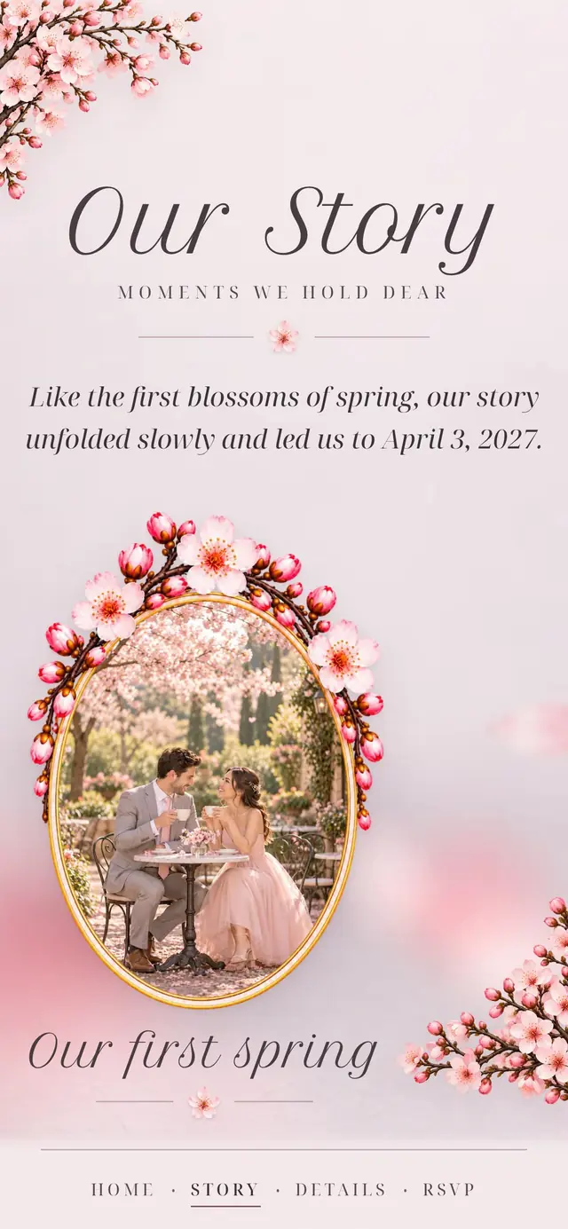 Cherry Blossom Spring: Our Story page with demo content
