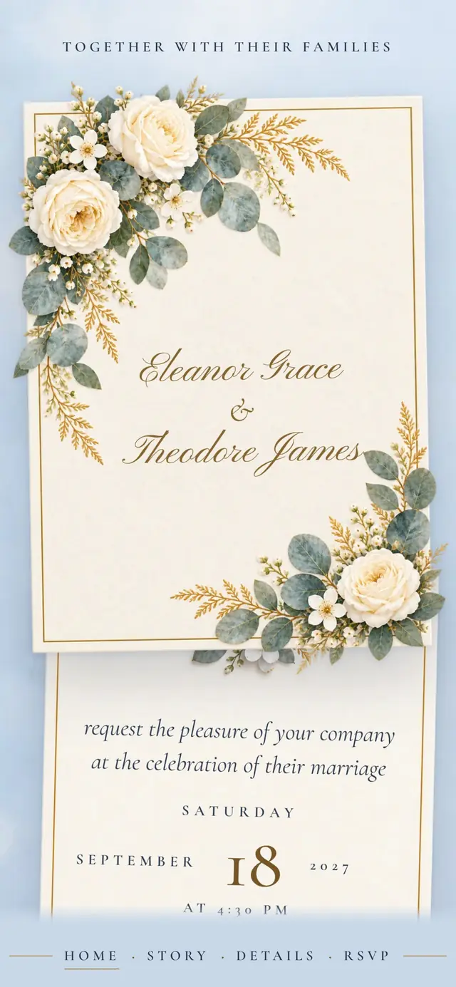Dusty Blue & Champagne: Invitation card (demo content)