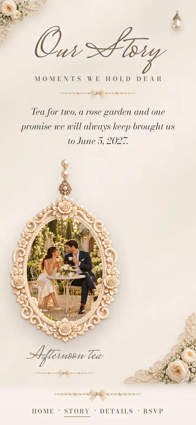 Ivory Lace & Pearls: Our Story page with demo content