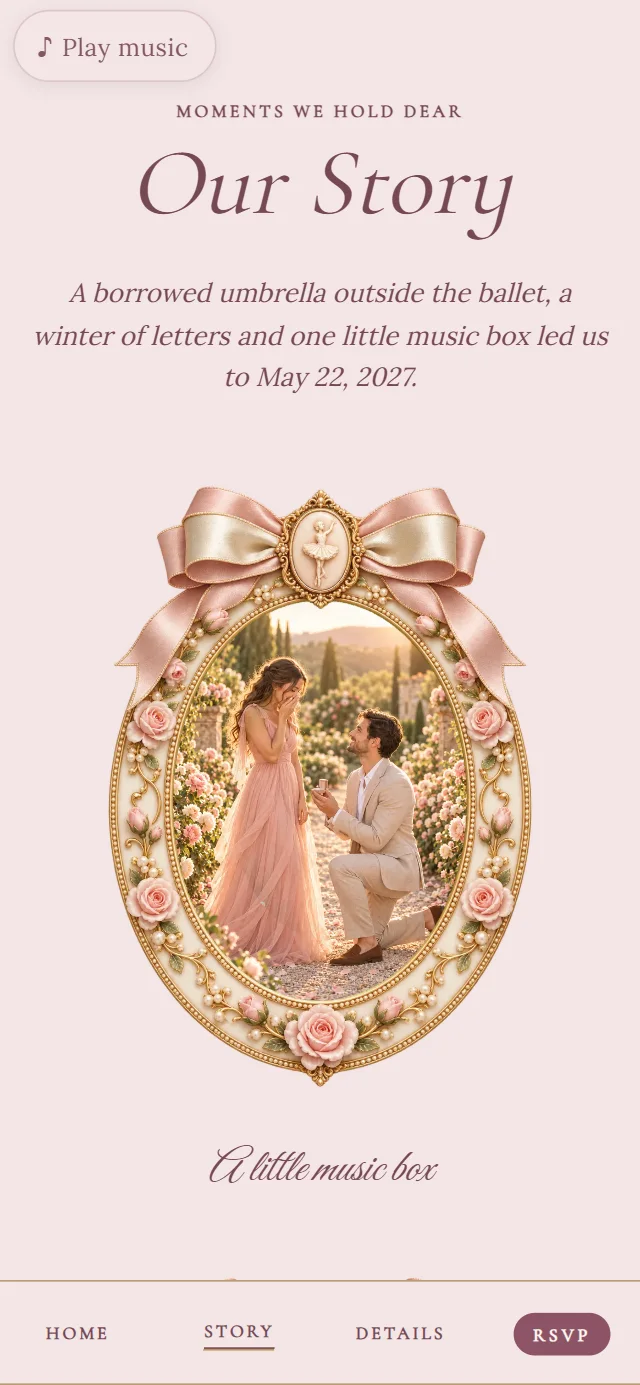 Music Box Ballerina: Our Story page with demo content