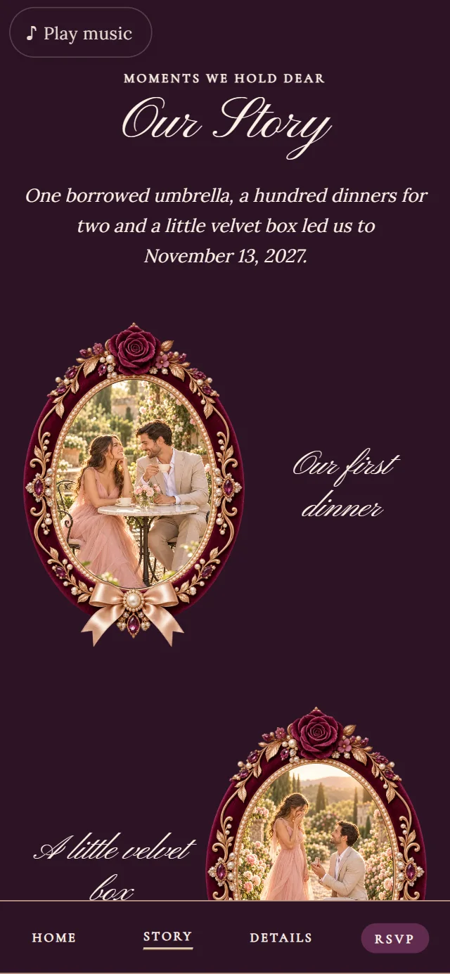 Velvet Jewel Box: Our Story page with demo content