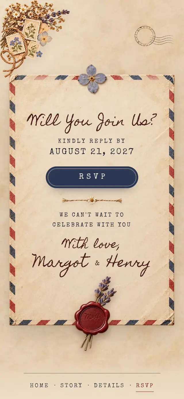 Vintage Airmail Love Letter: RSVP page with demo content