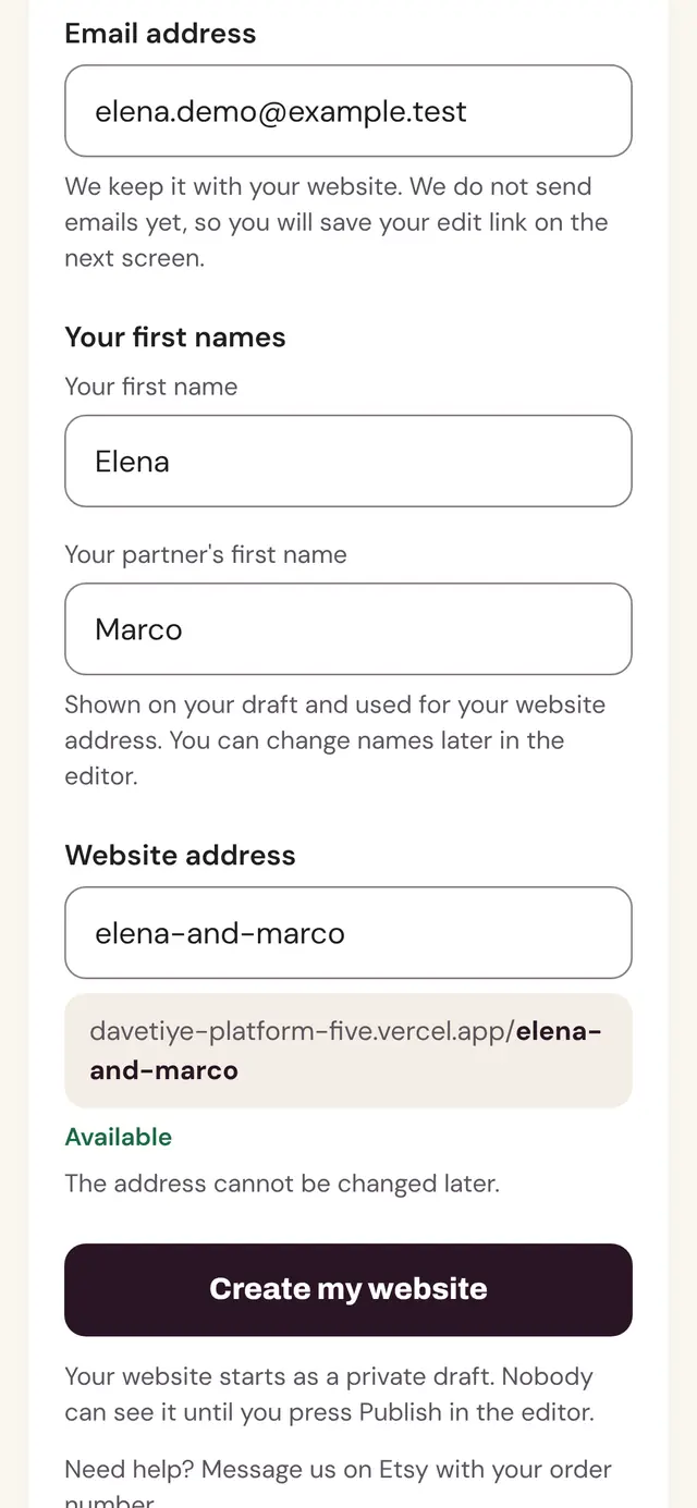 The start form on a phone: email, both first names and the website address, marked available